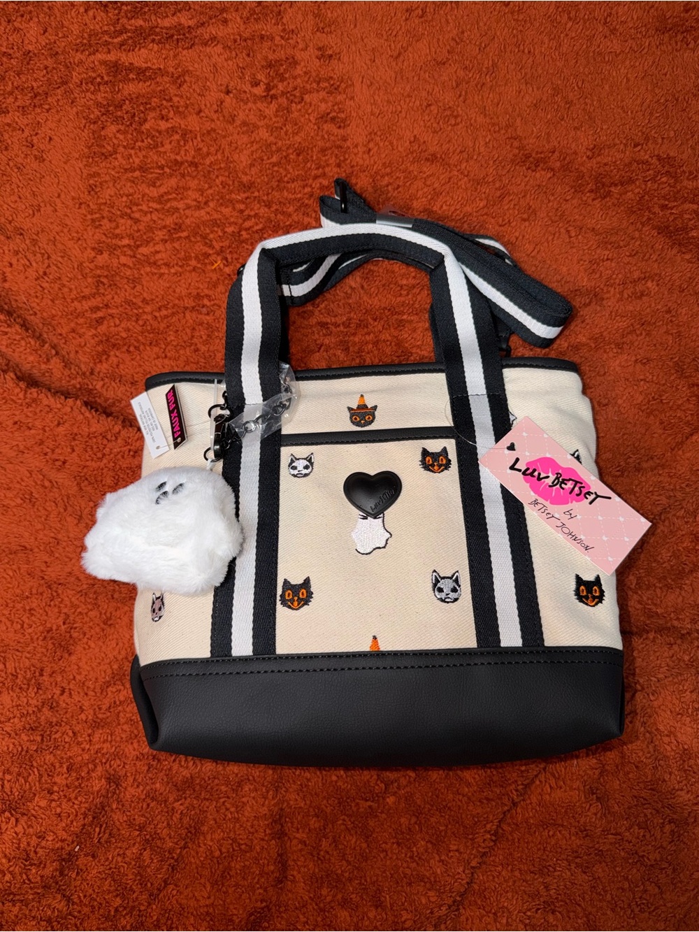 Betsey Johnson Cream Canvas Tote with Black Trim & Cat Motif